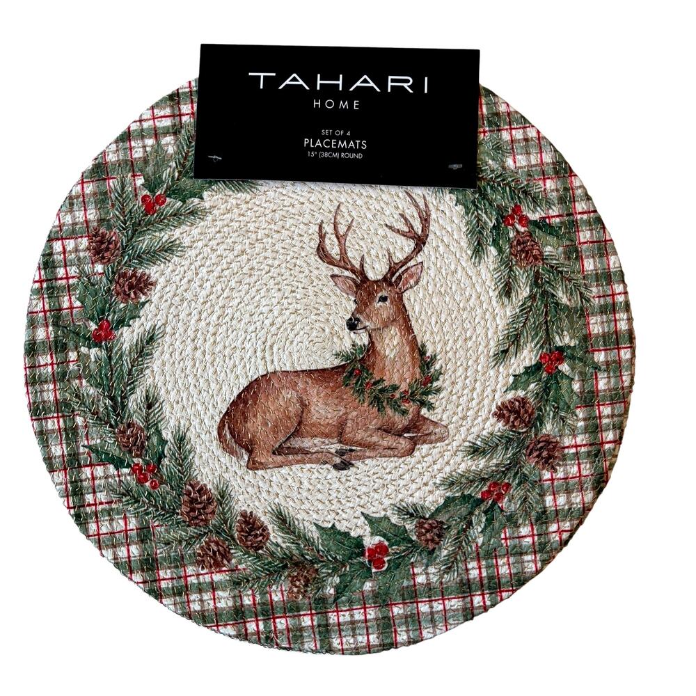 Tahari Home Christmas Placemats 15in Set of 4 Reclining Deer Plaid Border NEW